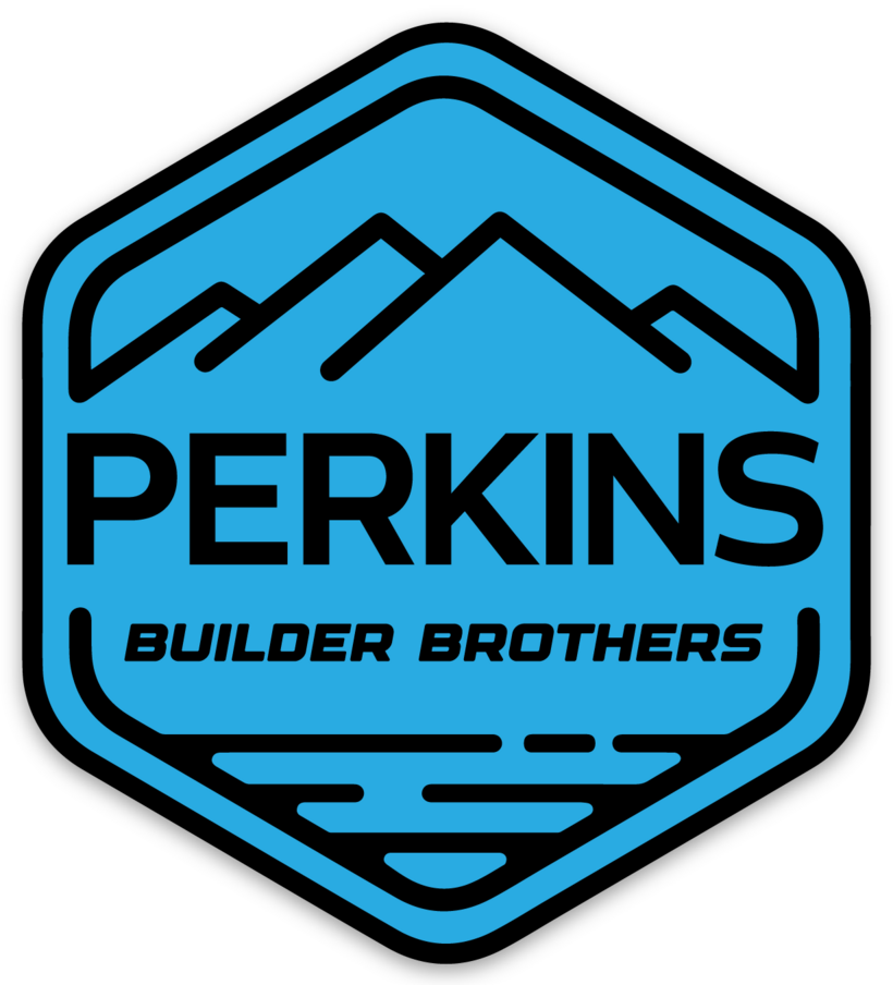 Pegatina con el logotipo de Perkins Builder Brothers, negro sobre azul, 2,7"x3"