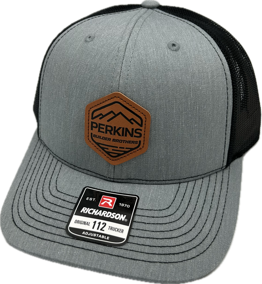 (YOUTH) Genuine Leather Patch - Richardson 112 Snapback Trucker Hat - (YOUTH) Heather Grey/Black - Perkins Builder Brothers