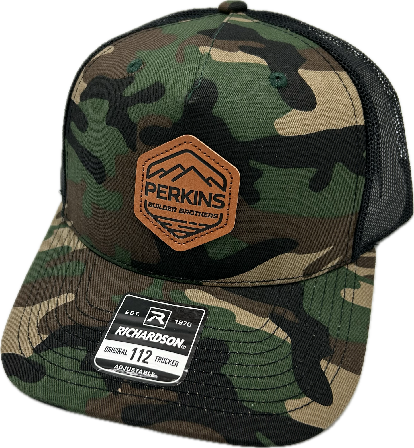 Genuine Leather Patch - Richardson 112PFP Snapback Trucker Hat - Green Camo/Black - Perkins Builder Brothers