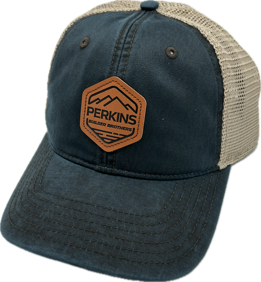 Genuine Leather Patch - Richardson 211 Casual Trucker Hat - Navy/Khaki - Perkins Builder Brothers