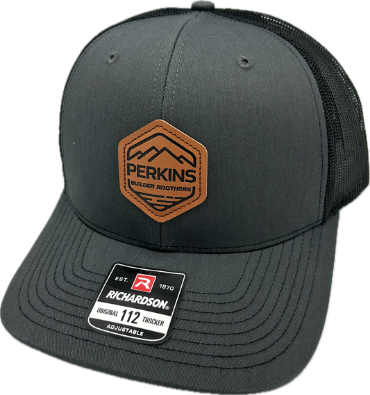 Genuine Leather Patch - Richardson 112 Snapback Trucker Hat - Charcoal/Black - Perkins Builder Brothers