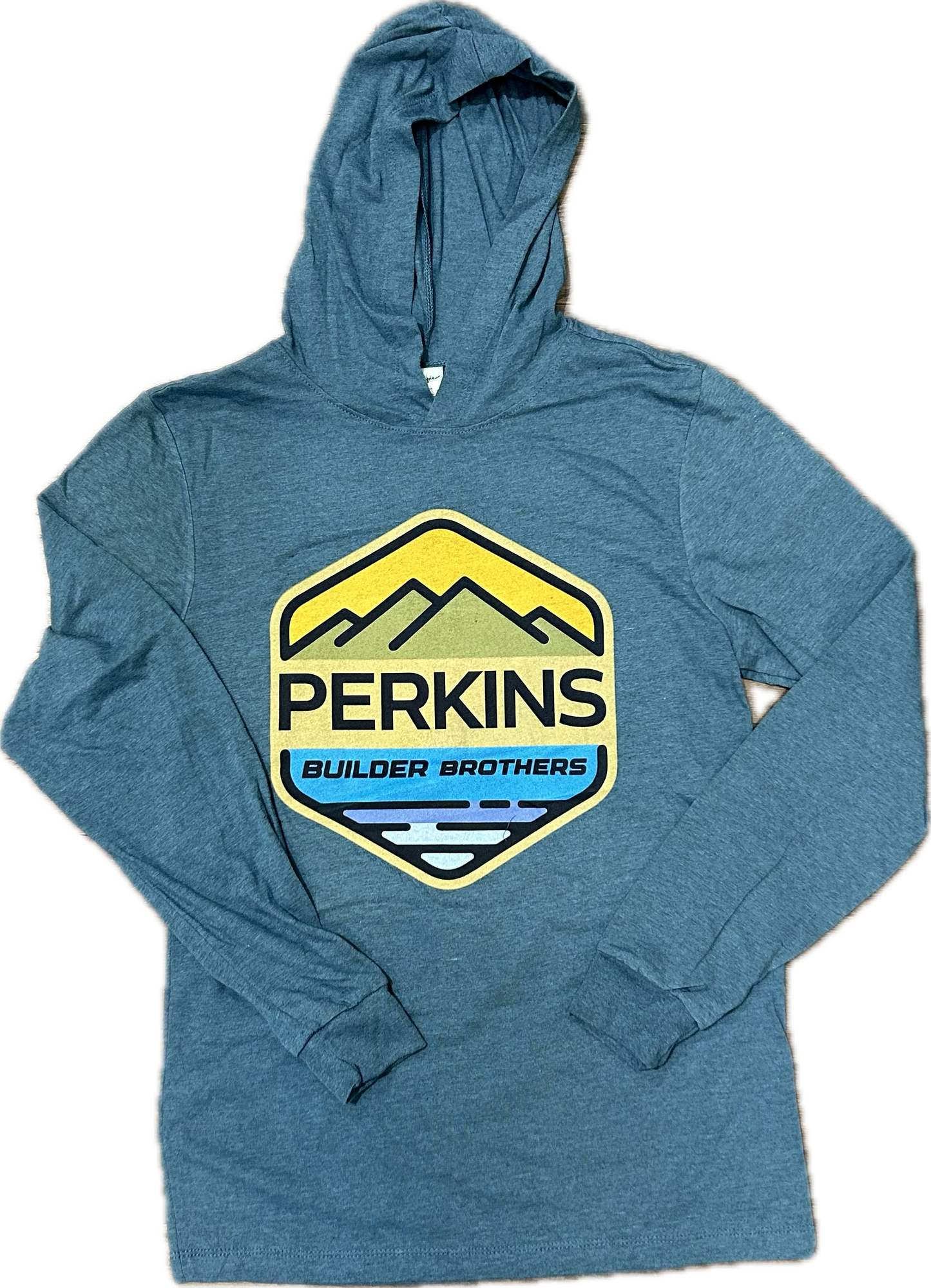 Lightweight T-Shirt Hoodie - Mako Blue -  Perkins Builder Brothers Full Color Logo