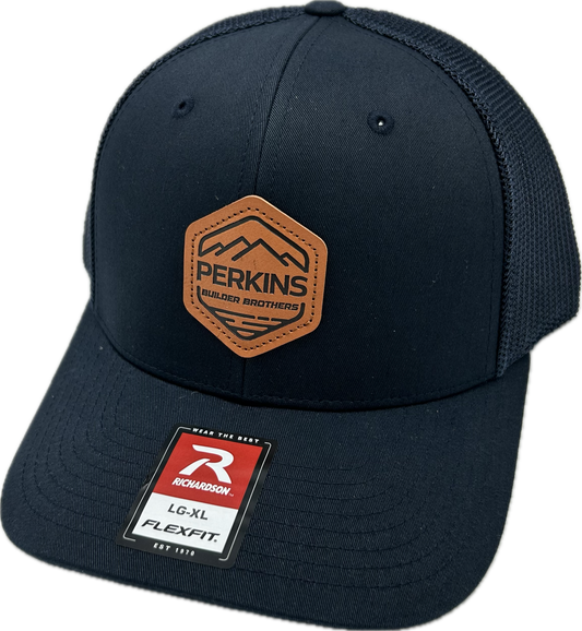 Genuine Leather Patch - Richardson 110 R-Flex Trucker Hat - Navy/Navy (LG/XL) - Perkins Builder Brothers