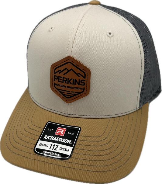 Genuine Leather Patch - Richardson 112PFP Snapback Trucker Hat - Tri Mink Biege/Charcoal/Amber Gold - Perkins Builder Brothers