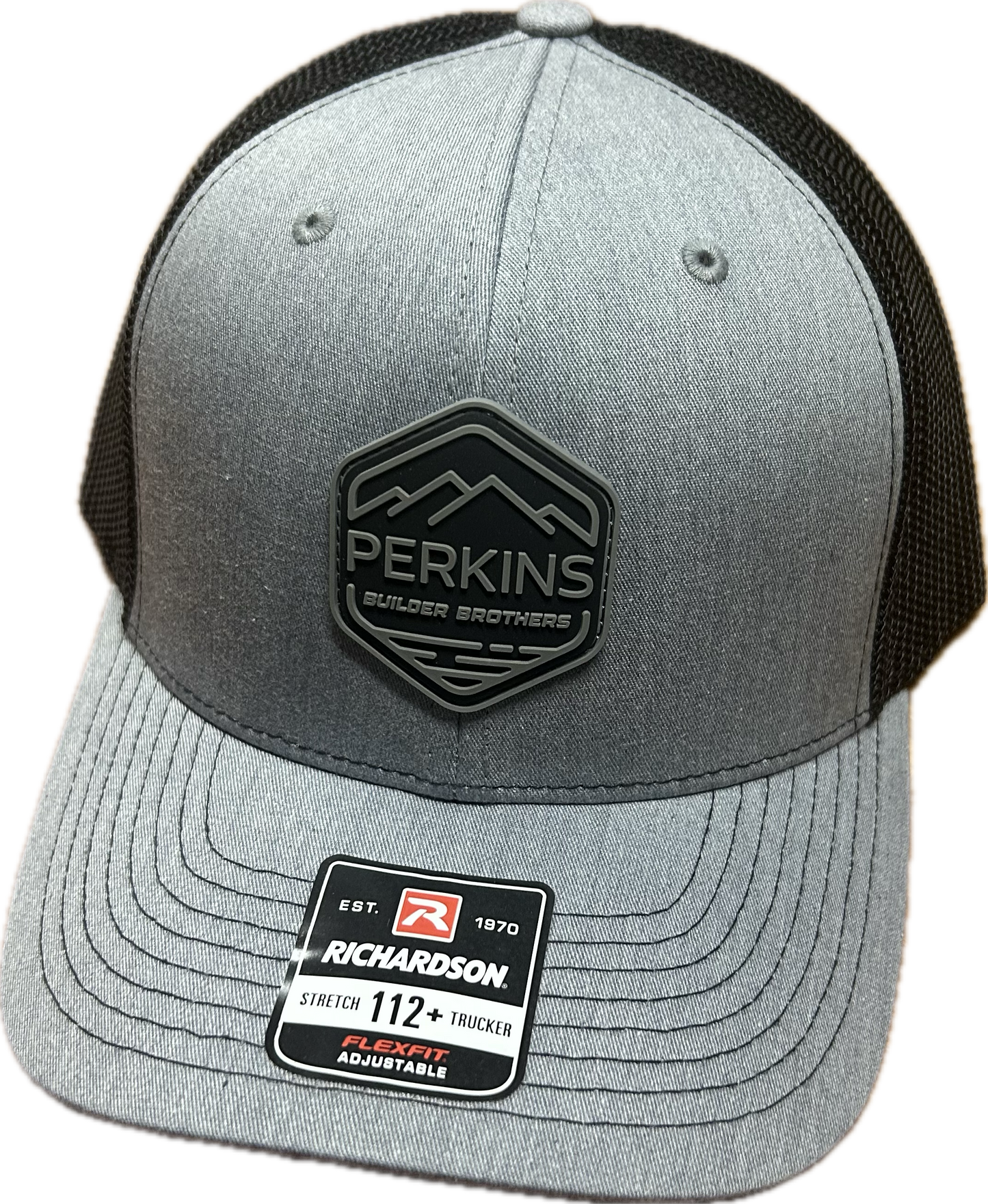 Black & Gray Rubber Patch - Richardson 112+ Stretch Fit Trucker Hat - Heather Grey/Black - Perkins Builder Brothers