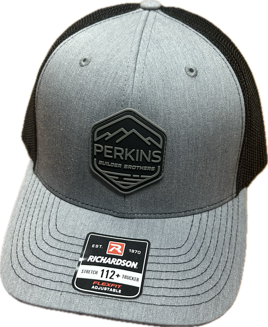 Black & Gray Rubber Patch - Richardson 112+ Stretch Fit Trucker Hat - Heather Grey/Black - Perkins Builder Brothers