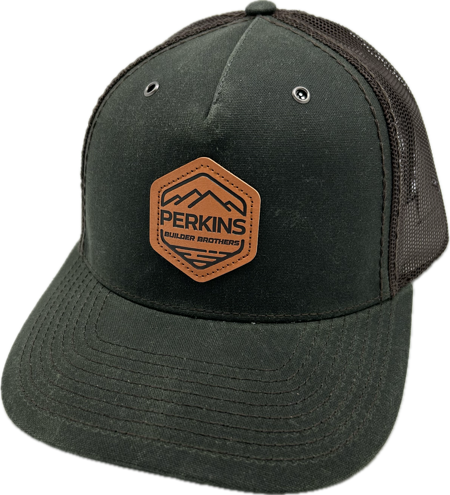 Genuine Leather Patch - Richardson 112WH Weatherproof Trucker Hat - Dark Olive/Coffee - Perkins Builder Brothers