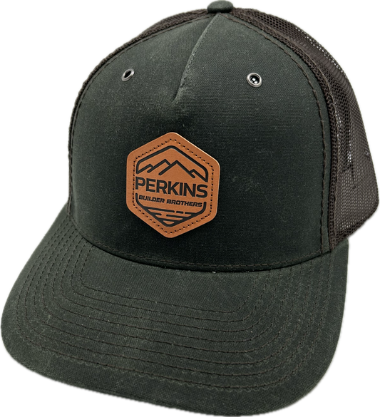 Genuine Leather Patch - Richardson 112WH Weatherproof Trucker Hat - Dark Olive/Coffee - Perkins Builder Brothers