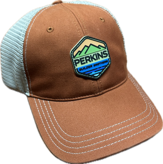 Full Color Rubber Patch - Richardson 111 Relaxed Trucker Hat - Oragne/Khaki - Perkins Builder Brothers