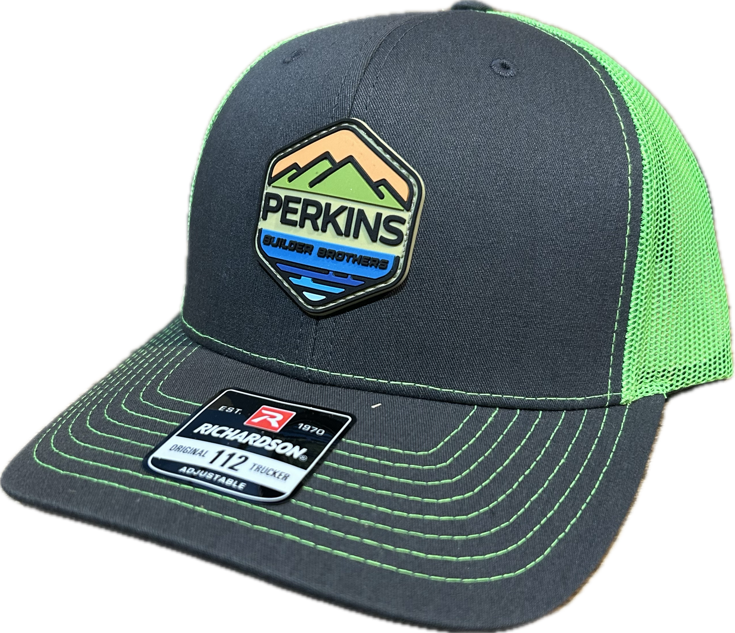 Full Color Rubber Patch - Richardson 112 Snapback Trucker Hat - Charcoal/Neon Green - Perkins Builder Brothers