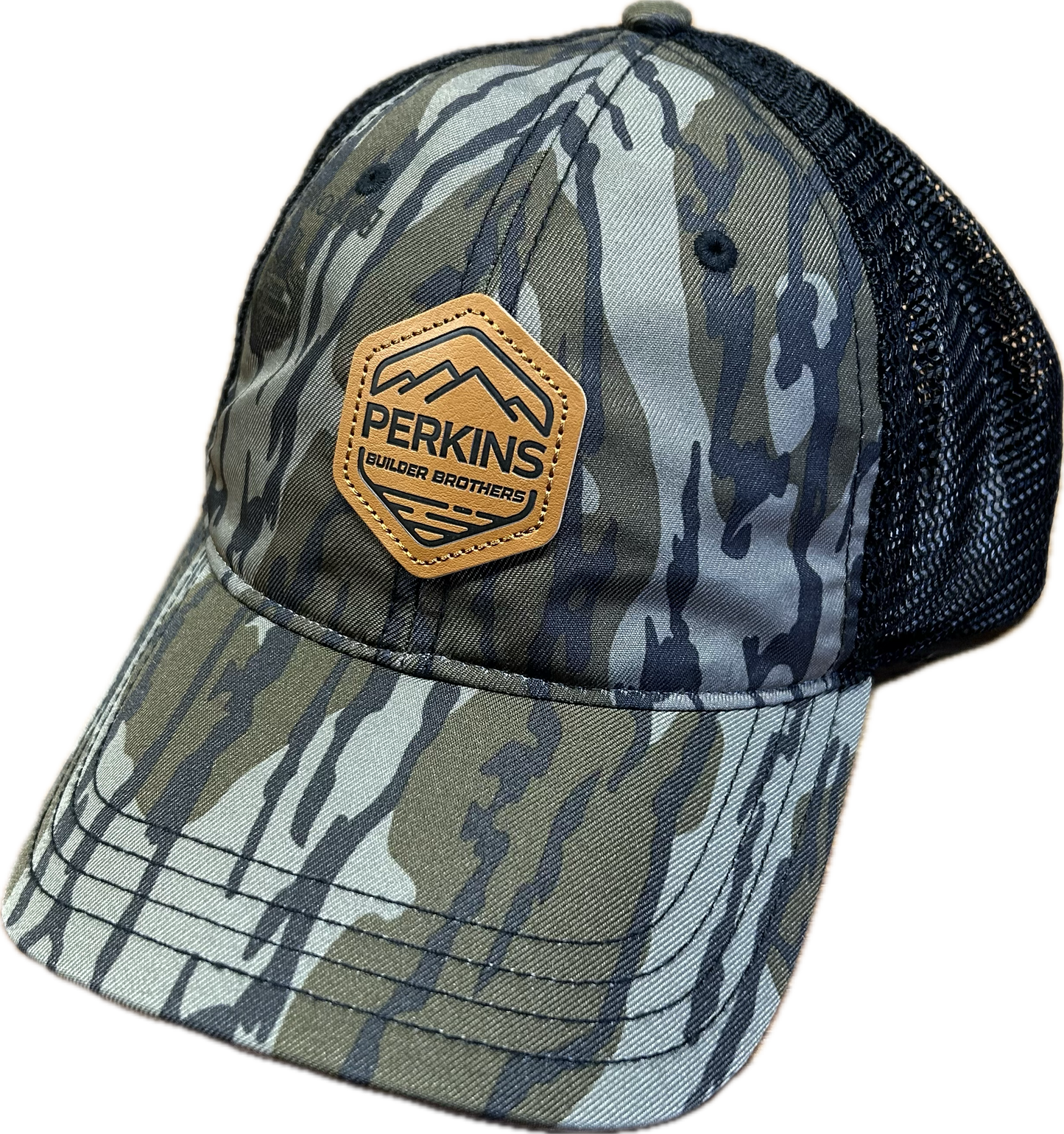 Genuine Leather Patch - Richardson 111 Relaxed Trucker Hat - Bottomland Camo/Black - Perkins Builder Brothers