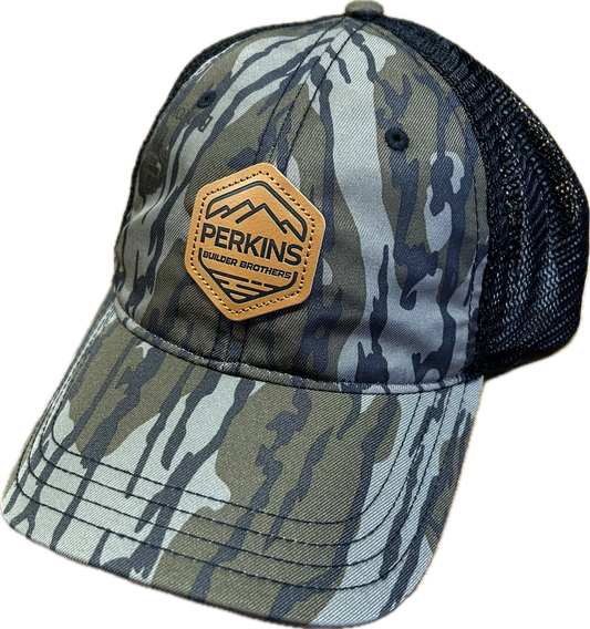 Genuine Leather Patch - Richardson 111 Relaxed Trucker Hat - Bottomland Camo/Black - Perkins Builder Brothers