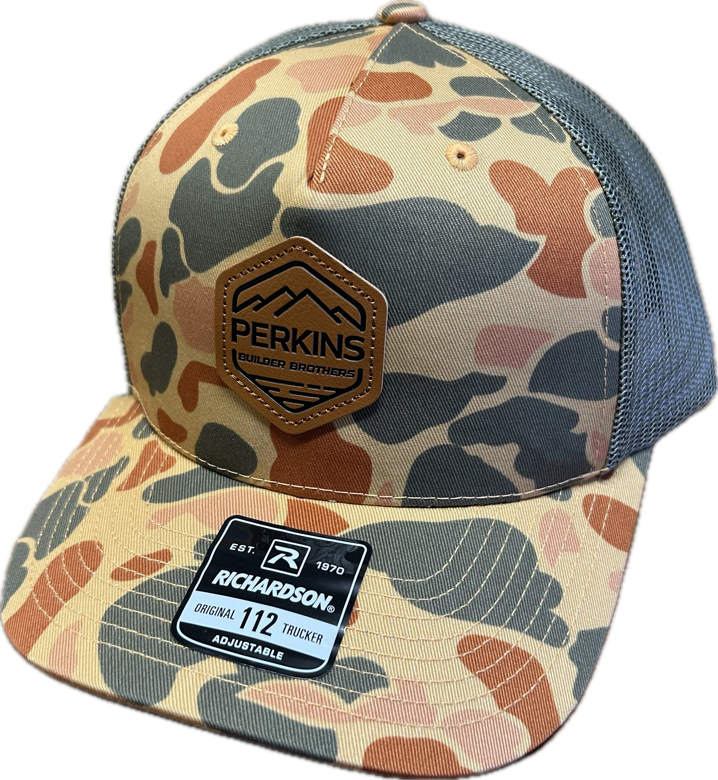 Genuine Leather Patch - Richardson 112 Snapback Trucker Hat - Sienna Duck Camo/Loden - Perkins Builder Brothers