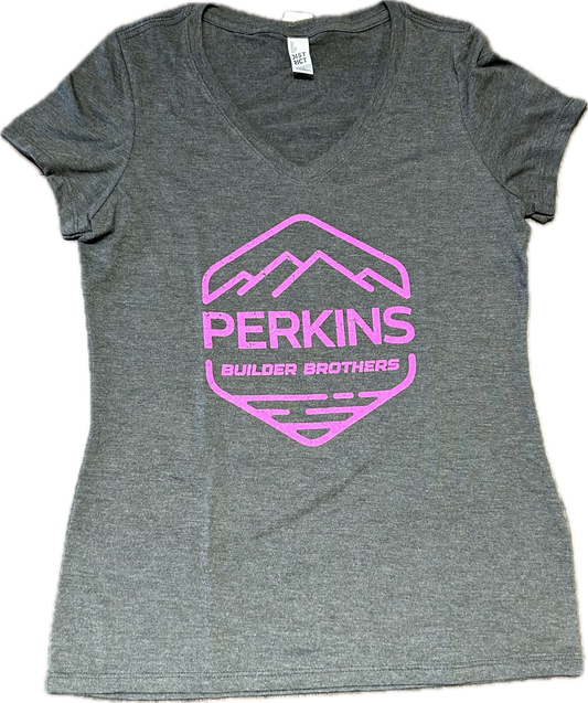 Ladies V-Neck Tee - Heather Charcoal - Perkins Builder Brothers Distressed Pink Logo