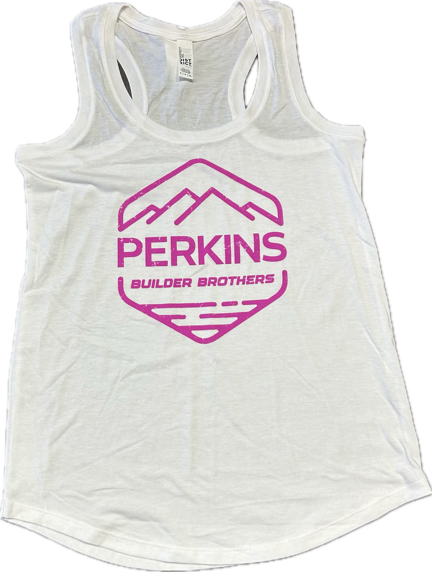 Ladies Racerback Tank Top - White - Perkins Builder Brothers Distressed Pink Logo