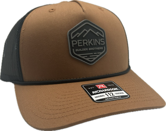 Black & Gray Rubber Patch - Richardson 112FPR Snapback Trucker Hat - Caramel/Black  - Perkins Builder Brothers Black