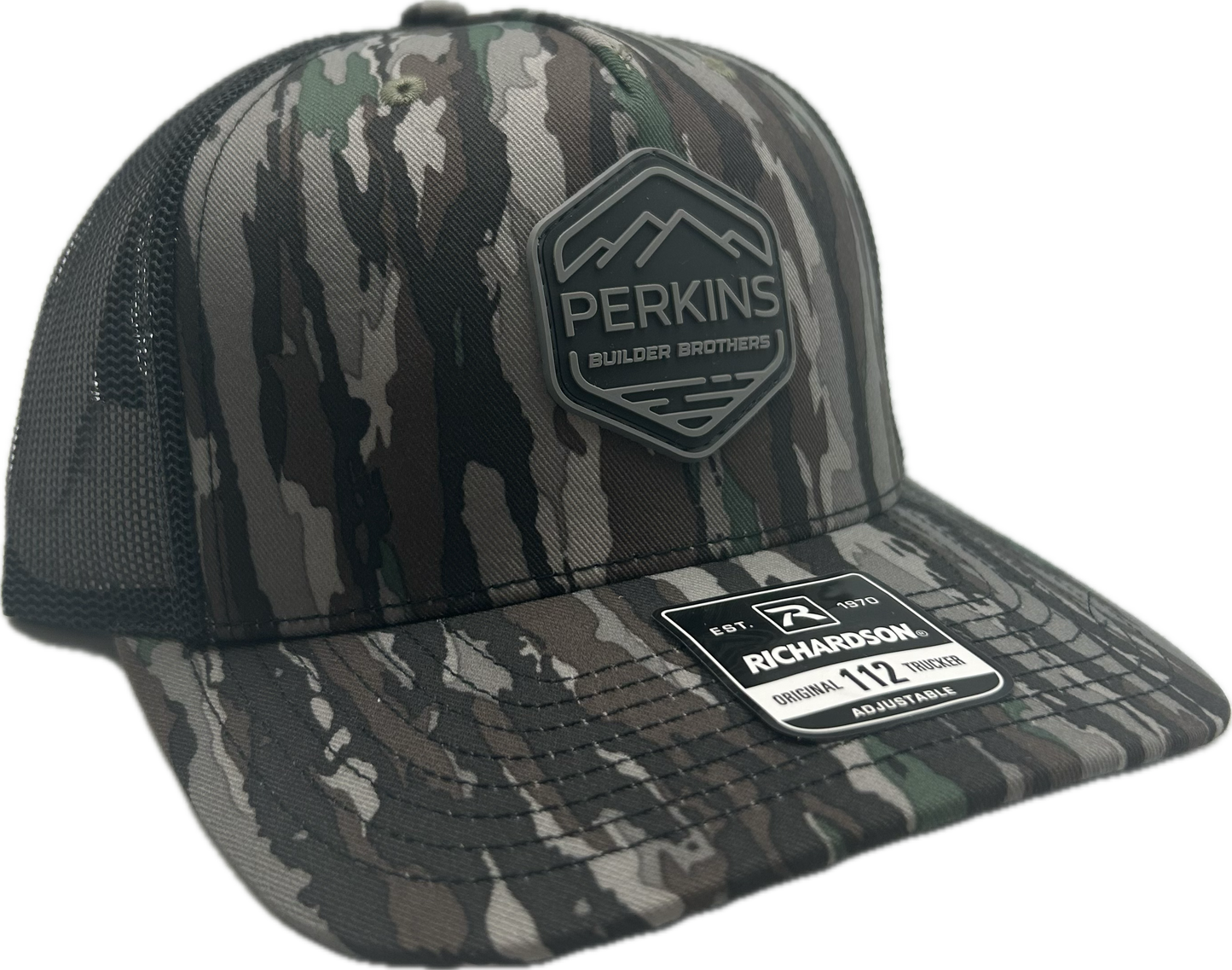 Black & Gray Rubber Patch - Richardson 112PFP Snapback Trucker Hat - Realtree Original/Black - Perkins Builder Brothers