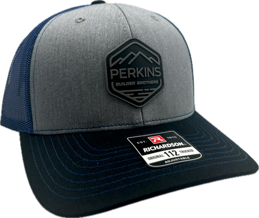 Tri Heather Grey/Royal/Negro - Gorra de camionero Richardson 112 Snapback - Parche de goma negro y gris de Perkins Builder Brothers