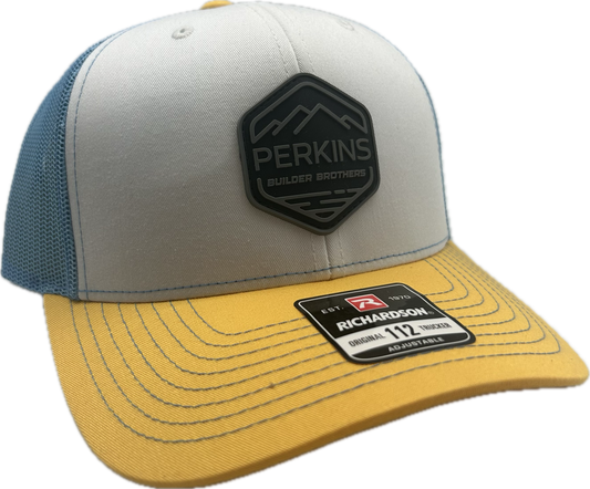 Black & Gray Rubber Patch - Richardson 112 Snapback Trucker Hat - Tri White/Columbia Blue/Yellow - Perkins Builder Brothers