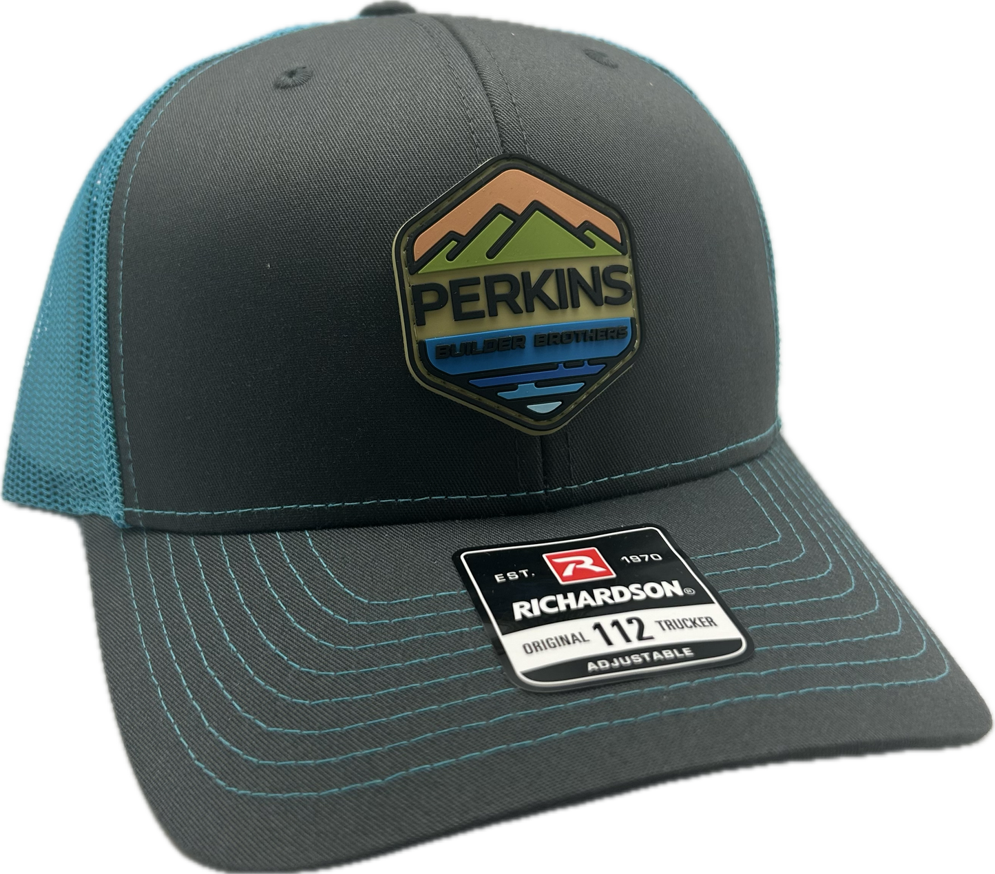 Full Color Rubber Patch - Richardson 112 Snapback Trucker Hat - Charcoal/Neon Blue - Perkins Builder Brothers