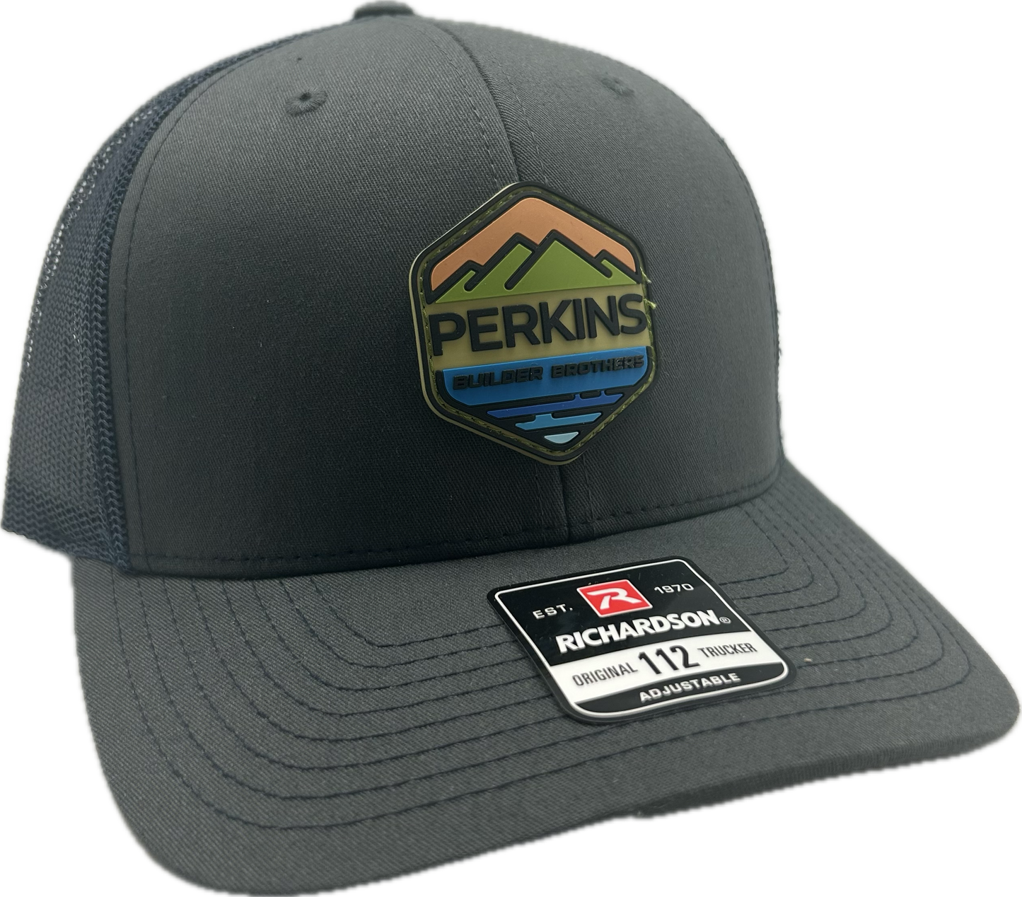 Full Color Rubber Patch - Richardson 112 Snapback Trucker Hat - Charcoal/Navy - Perkins Builder Brothers