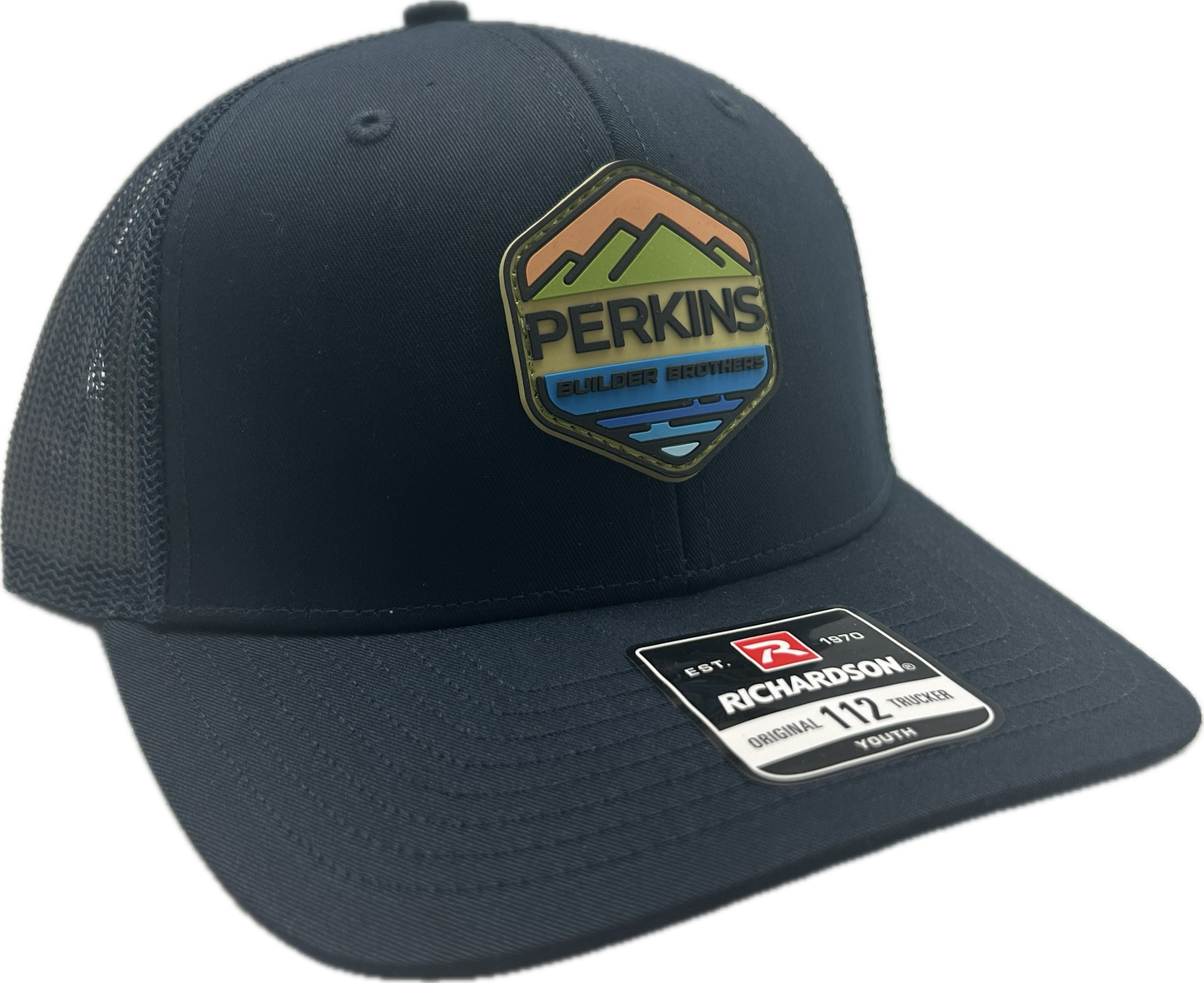 (YOUTH) Full Color Rubber Patch - Richardson 112 Snapback Trucker Hat - Navy (YOUTH) - Perkins Builder Brothers