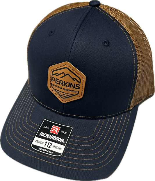 Genuine Leather Patch - Richardson 112 Snapback Trucker Hat - Navy/Caramel - Perkins Builder Brothers