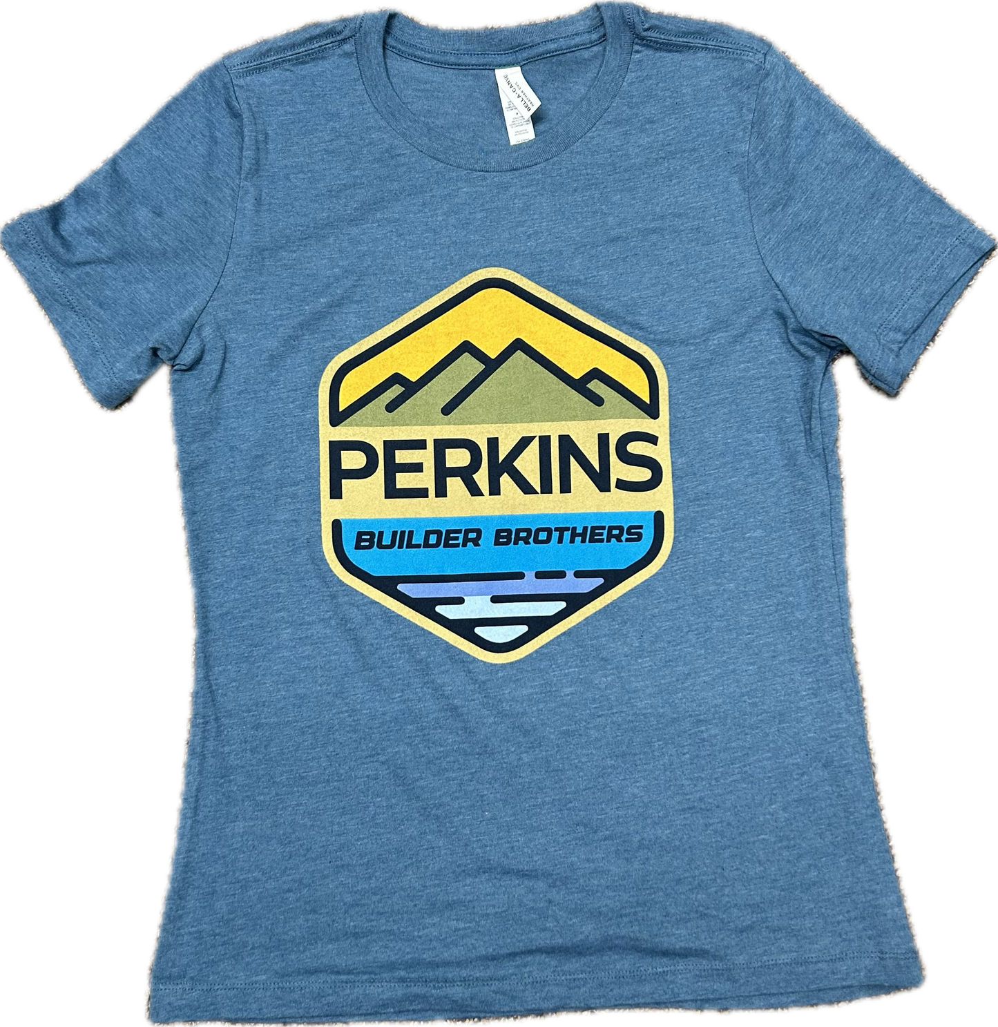 Ladies Crew Tee - Mako Blue - Perkins Builder Brothers Full Color Logo