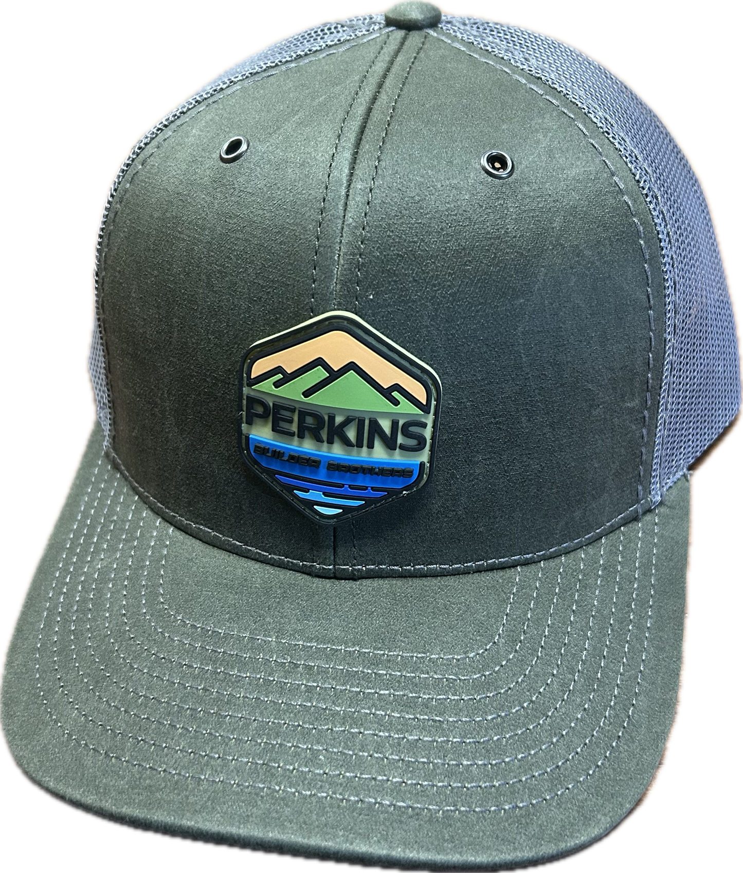 Full Color Rubber Patch - Richardson 112WF Snapback Trucker Hat - Olive/Charcoal - Perkins Builder Brothers