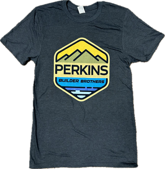 Camiseta para hombre - Azul marino jaspeado - Logotipo a todo color de Perkins Builder Brothers