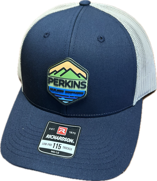 Full Color Rubber Patch - Richardson 115 Snapback Trucker Hat - Navy/Khaki MD/LG - Perkins Builder Brothers