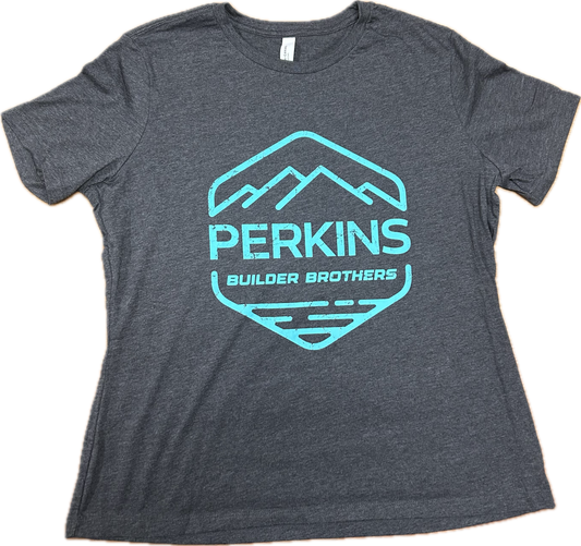 Ladies Crew Tee - Dark Grey Heather - Perkins Builder Brothers Distressed Seafoam